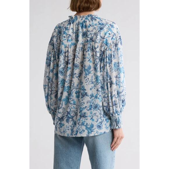 ALICE + OLIVIA Julius Tie Neck Blouson Sleeve Stretch Silk Top - Picture 2 of 7